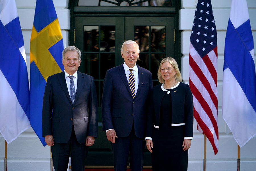 U.S. President Joe Biden (C) moved quickly to host Finnish President Sauli Niinisto (L) and Swedish Prime Minister Magdalena Andersson at the White House on May 19 in support of a decision by the two Nordic countries to apply for NATO membership. (Photo by MANDEL NGAN/AFP via Getty Images)