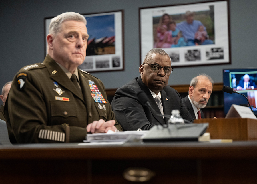 General Mark Milley (L), chairman of the Joint Chiefs of Staff, shown testifying to Congress with Defense Secretary Lloyd Austin (C) in May, has told lawmakers he disagrees with a Biden administration decision to cut funding for the new nuclear-armed sea-launched cruise missile from the fiscal year 2023 budget. Austin supported the decision.  (Defense Department photo by U.S. Navy Petty Officer 2nd Class Zachary Wheeler)