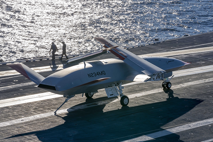An MQ-25 Stingray drone, which is to be deployed on carriers and perform refueling and surveillance functions, was tested in December 2021 while underway aboard USS George H.W. Bush. (Boeing Photo/ Tim Reinhart)
