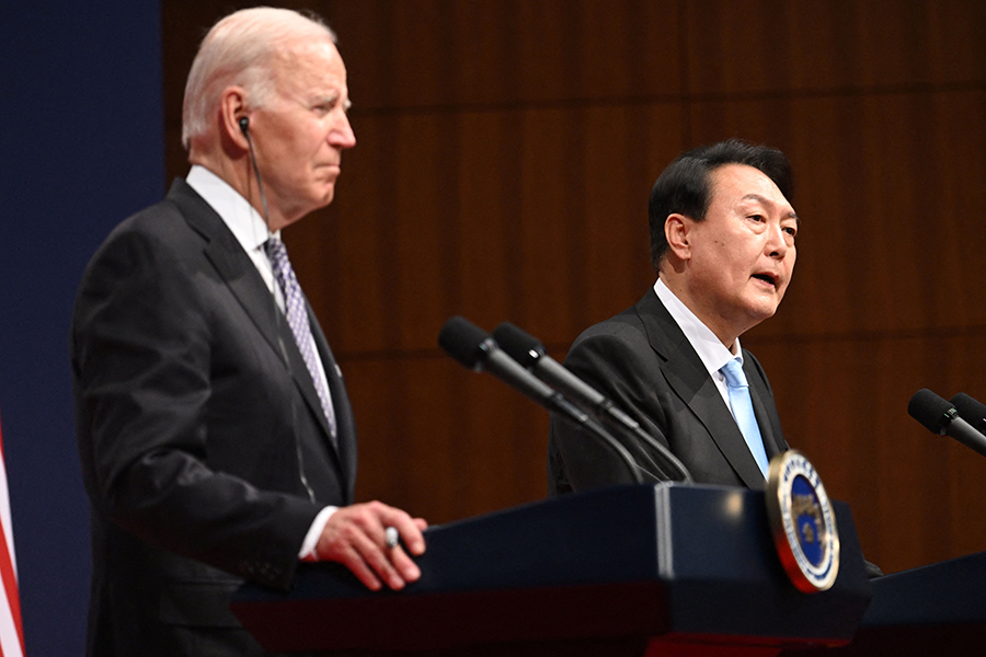 South Korean President Yoon Suk Yeol (R) and U.S. President Joe Biden hold a press conference in Seoul in May after meetings that focused on North Korea's accelerating nuclear weapons program among other issues. (Photo by Saul Loeb/AFP via Getty Images)