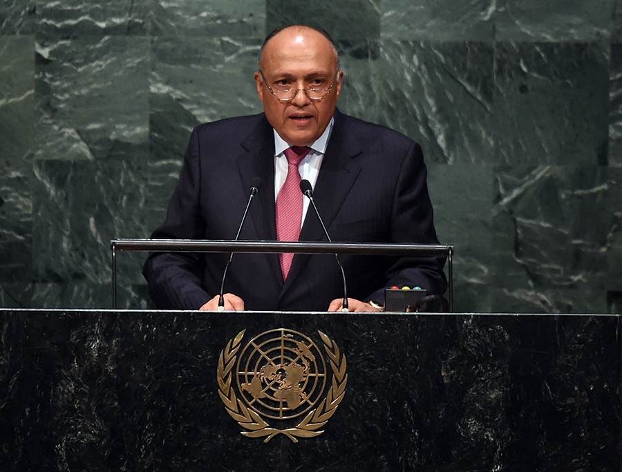 Egyptian Foreign Minister Sameh Shoukry addresses the 2015 Nuclear Nonproliferation Treaty Review Conference, during which Egypt made a proposal that set deadlines for a planned meeting on ridding the Middle East of weapons of mass destruction. (Photo by Timothy A. Clary/AFP/Getty Images)