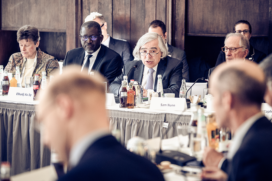 The Munich Security Conference and the Nuclear Threat Initiative (NTI) have hosted senior-level tabletop exercises to identify gaps in global capacities to prevent and respond to high-consequence biological events. Participants from this 2019 exercise included Angela Kane (L to R),senior fellow at the Vienna Center for Disarmament and Non-Proliferation; Elhadj As Sy, secretary-general of the International Federation of Red Cross and Red Crescent Societies; Ernest Moniz, co-chair and CEO of NTI; and Sam Nunn, NTI co-chair. (Photo courtesy of the Nuclear Threat Initiative)
