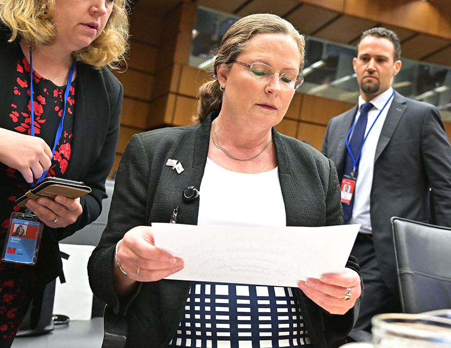 Laura Holgate (L), U.S. ambassador to the Vienna Office of the United Nations and to the International Atomic Energy Agency (IAEA), attends the quarterly IAEA Board of Governors meeting in Vienna on June 6. The board censured Iran for failing to provide long-sought data about its past nuclear activities.  (Photo by Joe Klamar/AFP via Getty Images)