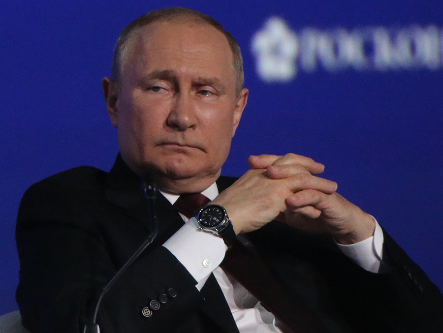 Russian President Vladimir Putin, shown at an international economic forum in St. Petersburg in June, looms large over the 10th Review Conference of the nuclear Nonproliferation Treaty scheduled for August 1–26 at UN headquarters. (Photo by Contributor/Getty Images).