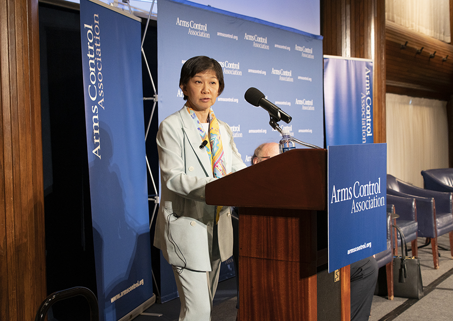 Izumi Nakamitsu, UN undersecretary-general and high representative for disarmament affairs, addresses the annual meeting of the Arms Control Association on its 50th anniversary. (Photo by Allen Harris/Arms Control Association)