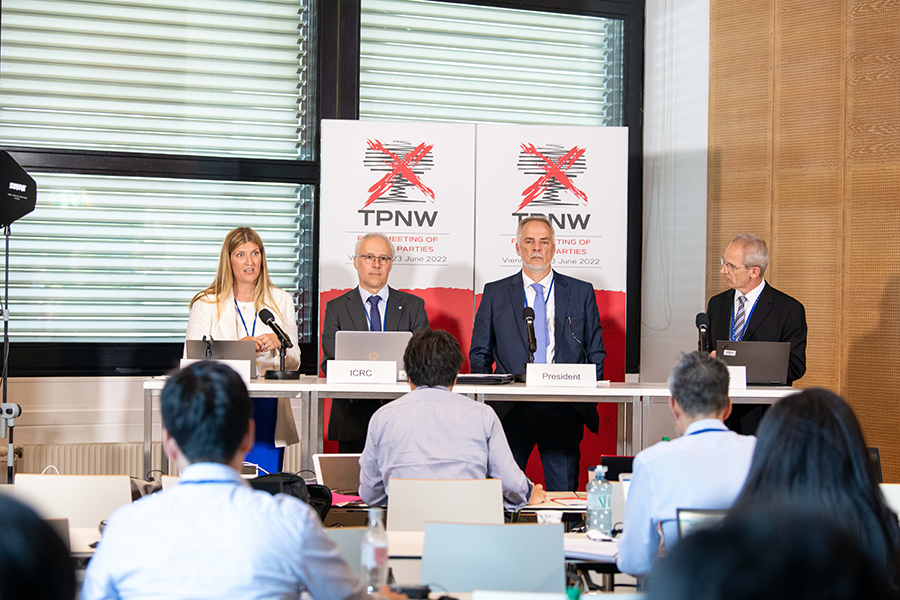 At the conclusion of the first meeting of states-parties to the Treaty on the Prohibition of Nuclear Weapons (TPNW) on June 23, questions from the press were fielded by (L) Beatrice Fihn of ICAN; Laurent Gisel, head of the arms and conduct of hostilities unit in the legal division of the International Committee of the Red Cross; and Alexander Kmentt, TPNW conference president. (Photo courtesy of UNIS Vienna)