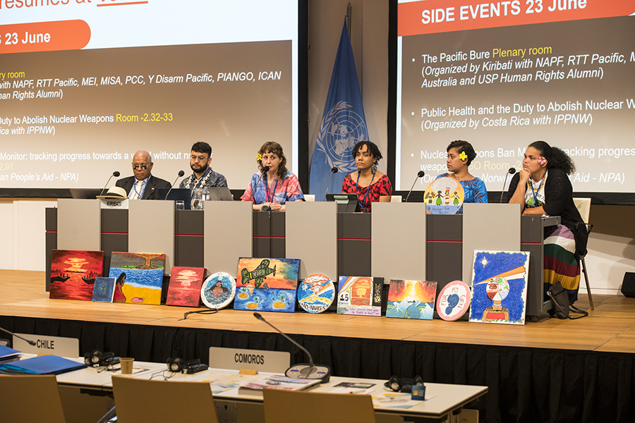 Before the states-parties to the Treaty on the Prohibition of Nuclear Weapons (TPNW) held their first meeting in Vienna in June, civil society groups and anti-nuclear activists gathered there to discuss the humanitarian impacts of nuclear war. On this panel, representatives of Pacific nations discussed how they are banning together to protect their neighbors from nuclear threats. (Photo by Alexander Papis of ICAN)