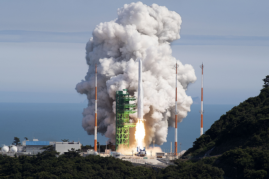 South Korea on June 21 successfully launched its homegrown space rocket Nuri  (KSLV-II) in the second attempt to put satellites into orbit, a milestone in the country's space program. In this handout image from the Korea Aerospace Research Institute, the space rocket Nuri (KSLV-II) takes off from its launch pad at the Naro Space Center in Goheung-gun, South Korea. (Photo by Korea Aerospace Research Institute via Getty Images)