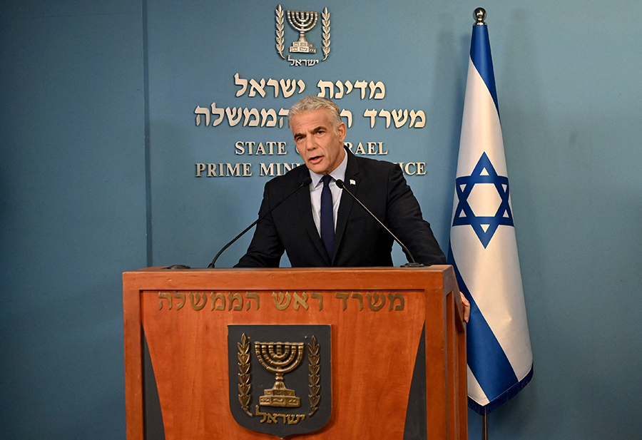 Israeli Prime Minister Yair Lapid, speaking to the foreign press in Jerusalem on August 24, said that Western powers must stop talks to revive the nuclear deal with Iran because the deal would "undermine" stability in the Middle East stability. After a year and a half of talks, recent progress toward reaching an accord with Iran has put Israel on edge. (Photo by Debbie Hill/POOL/AFP via Getty Images)