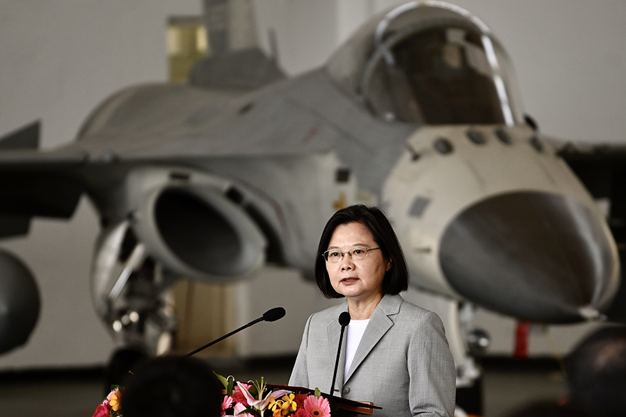 Taiwan has plenty of incentive and financial resources to pursue nuclear weapons but is unlikely to do so because authorities recognize the downsides. In this photo, Taiwanese President Tsai Ing-wen makes remarks during a visit to Penghu Air Force Base on Magong Island in 2020. (Photo by Sam Yeh/AFP via Getty Images)
