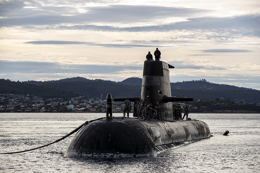 Royal Australian Navy submarine HMAS Sheean arrives for a port visit in Hobart, Australia last year. A decision by Australia, the United Kingdom and the United States to form a new military and political alliance, known as AUKUS, was a major topic at the 10th NPT Review Conference, where states-parties expressed concern about UK and U.S. plans to provide Australia with nuclear-powered submarines. (Photo by LSIS Leo Baumgartner/Australian Defence Force via Getty Images)