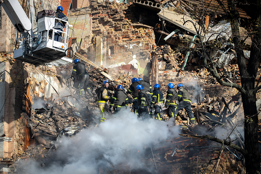 Russian strikes on populated neighborhoods in Kyiv and other Ukrainian cities gave fresh urgency to adoption of the new international political declaration on the use of explosive weapons in populated areas. (Photo by Oleksii Samsonov/Global Images Ukraine via Getty Images)