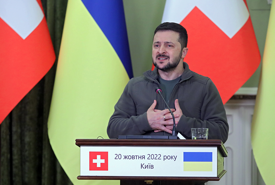 Ukrainian President Volodymyr Zelenskyy, shown at a news conference in October, announced plans to apply for “accelerated ascension” to NATO in response to Russian aggression but alliance members have discouraged such a move.  (Photo by Volodymyr Tarasov/Ukrinform/Future Publishing via Getty Images)