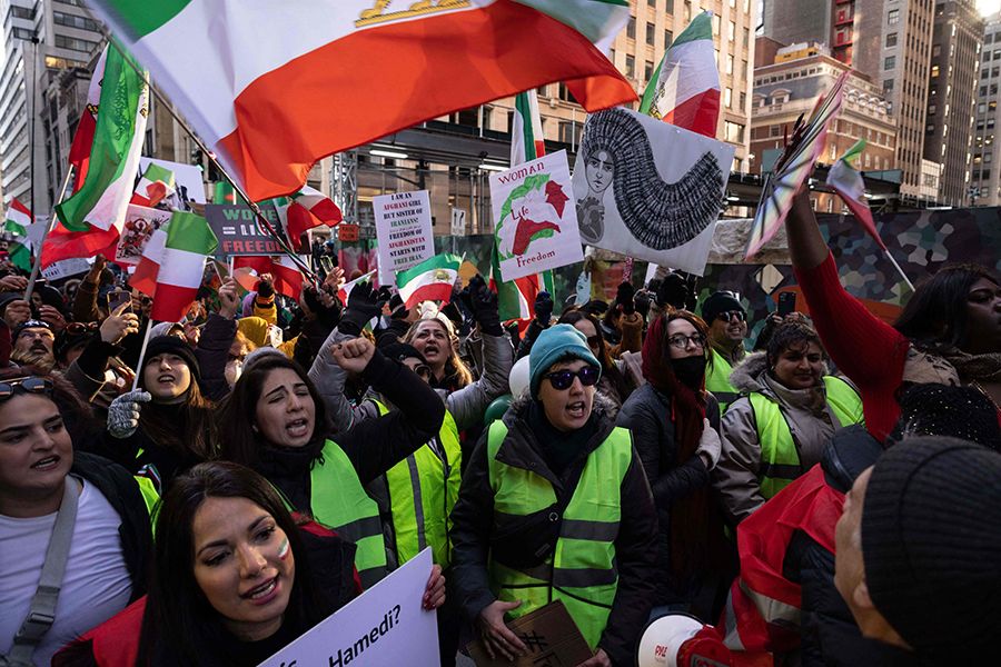 Protesters in New York in November call on the United Nations to take actions against the treatment of women in Iran where the government is facing political unrest after Masha Amimi died in the custody of the Iranian morality police.  (Photo by Yuki Iwamura/AFP via Getty Images)