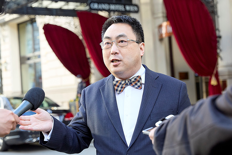 As a participant in multilateral nuclear negotiations on Iran and North Korea, China has benefited by being treated as equal to other major powers. Here, Wang Qun, China’s envoy to the United Nations and other international organizations in Vienna, speaks with reporters in 2021 after a meeting on the 2015 Iran deal. (Photo by Georges Schneider/Xinhua via Getty Images)