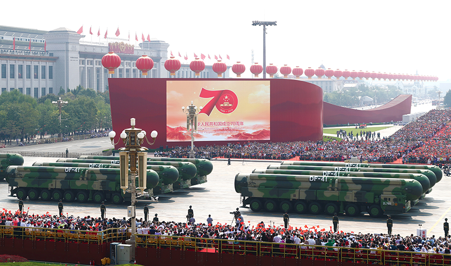 China is expanding its nuclear weapons stockpile and growing in importance on arms control, disarmament and nonproliferation challenges. This Donfeng-41 intercontinental ballistic missile, paraded through Beijing in 2019, is a major addition to its arsenal. (Photo by Lan Hongguang/Xinhua via Getty Images)