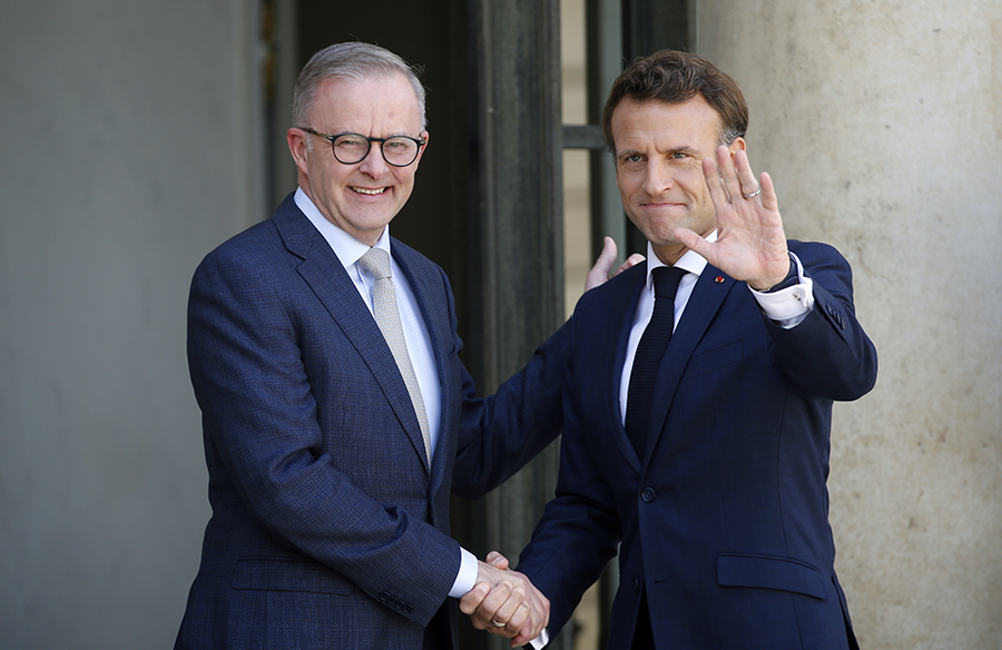 Australian Prime Minister Anthony Albanese met French President Emmanuel Macron in Paris in July in an attempt to smooth bilateral relations that were badly damaged after Australia canceled a deal to buy 12 submarines from France.  (Photo by Chesnot/Getty Images)