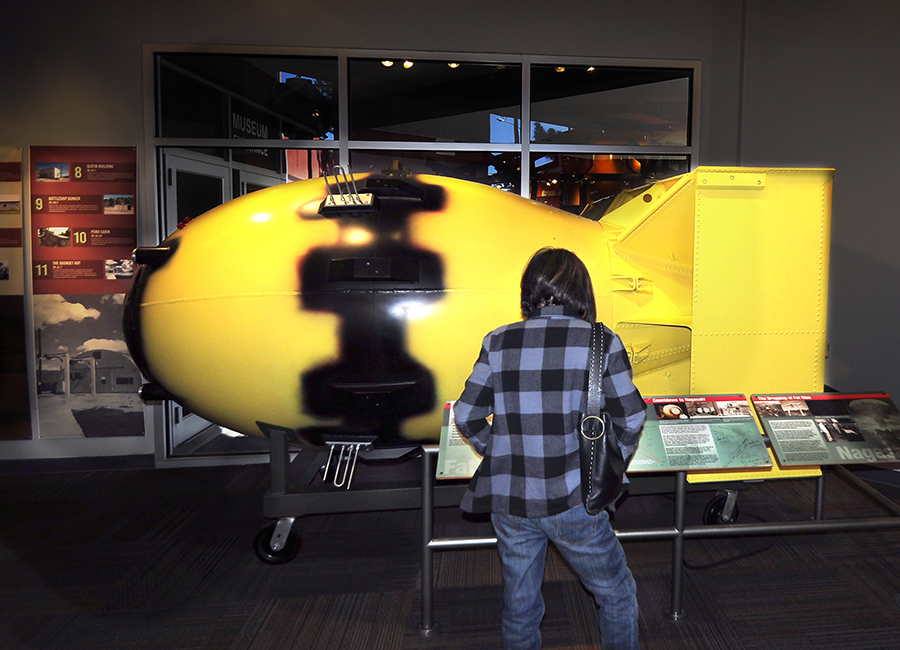 A tourist at the Bradbury Science Museum in Los Alamos, New Mexico, examines a full-size replica of the 'Fat Man' atomic bomb that was dropped on Nagasaki, Japan, on August 9, 1945. The museum is operated by the U.S. Department of Energy and the Los Alamos National Lab, which was established in 1943 as part of the Manhattan Project, the nation's top secret program to develop and build the atomic bomb. The lab remains central to the U.S. nuclear program. (Photo by Robert Alexander/Getty Images)