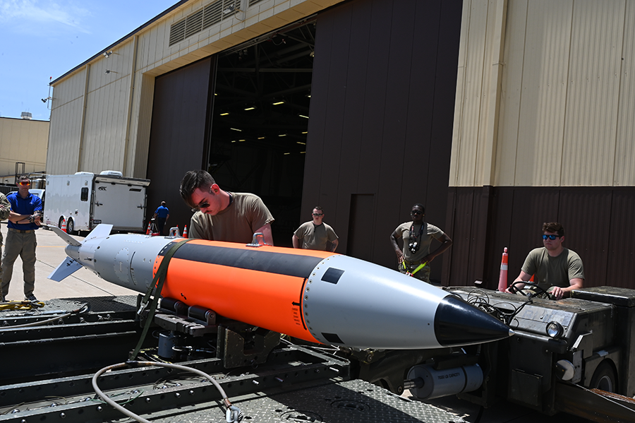 Technicians at Whiteman Air Force Base, Mo. test load a new nuclear-capable weapons delivery system for the B-2 Spirit bomber. U.S. President Joe Biden’s new nuclear policy supports increased spending in such systems. (U.S. Air Force photo by Airman 1st Class Devan Halstead)