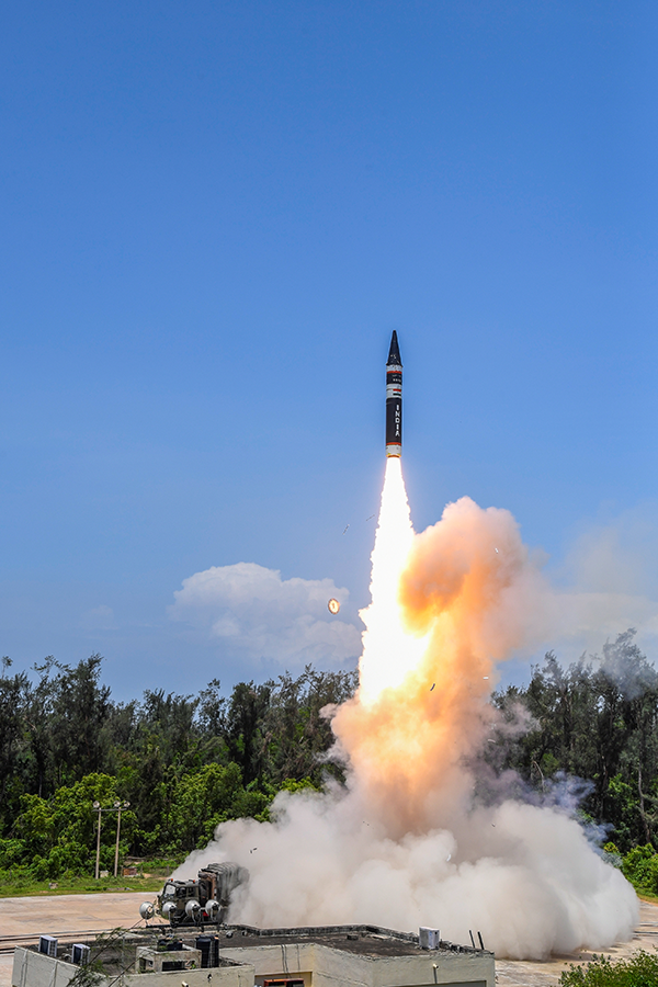 In addition to testing a submarine-launched ballistic missile in October, news media reported that India tested its Agni-Prime (Agni-P) missile, shown here during an earlier test in 2021.  (Photo by Indian Ministry of Defence)