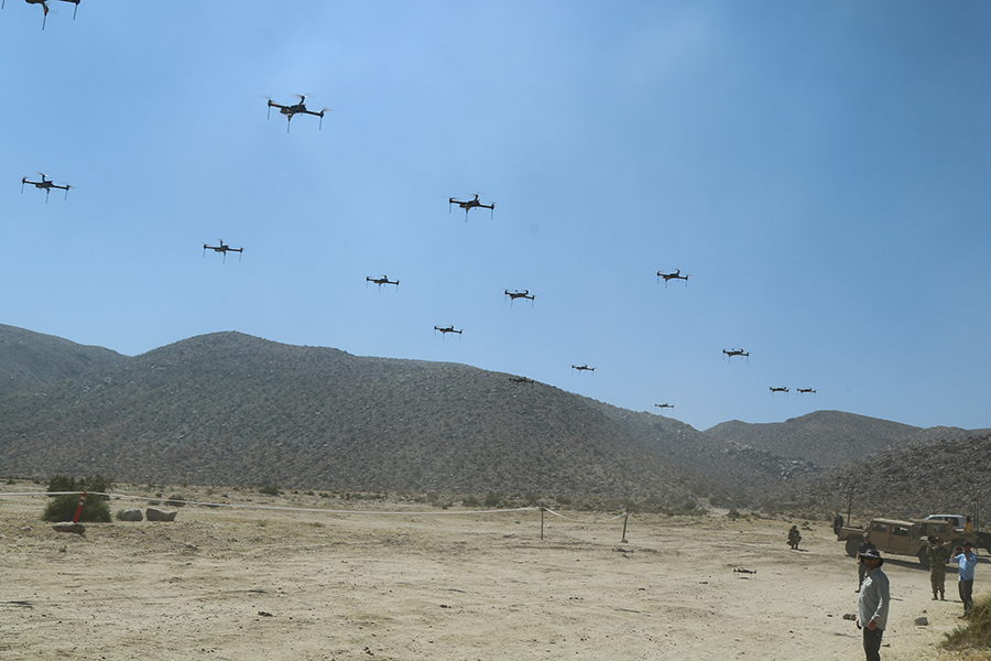 U.S. technicians test the operational capabilities of a swarm of 40 drones at the U.S. National Training Center at Fort Irwin, Calif. in 2019. (U.S. Army Photo by Pv2 James Newsome)