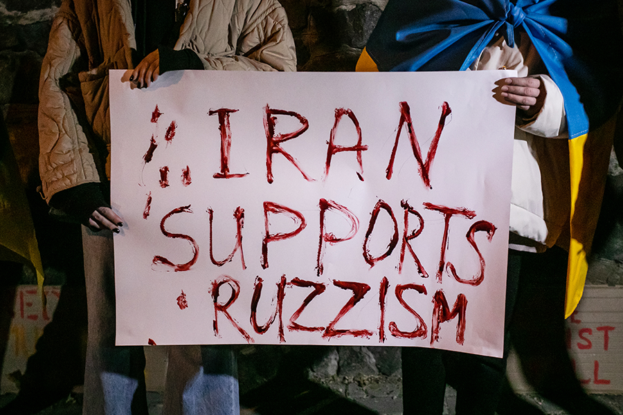 Activists protested at the Iranian embassy in Kyiv in October after the shelling of Ukrainian territory by kamikaze drones, which Iran supplies to Russia. (Photo by Yevhenii Zavhorodnii/Global Images Ukraine via Getty Images)
