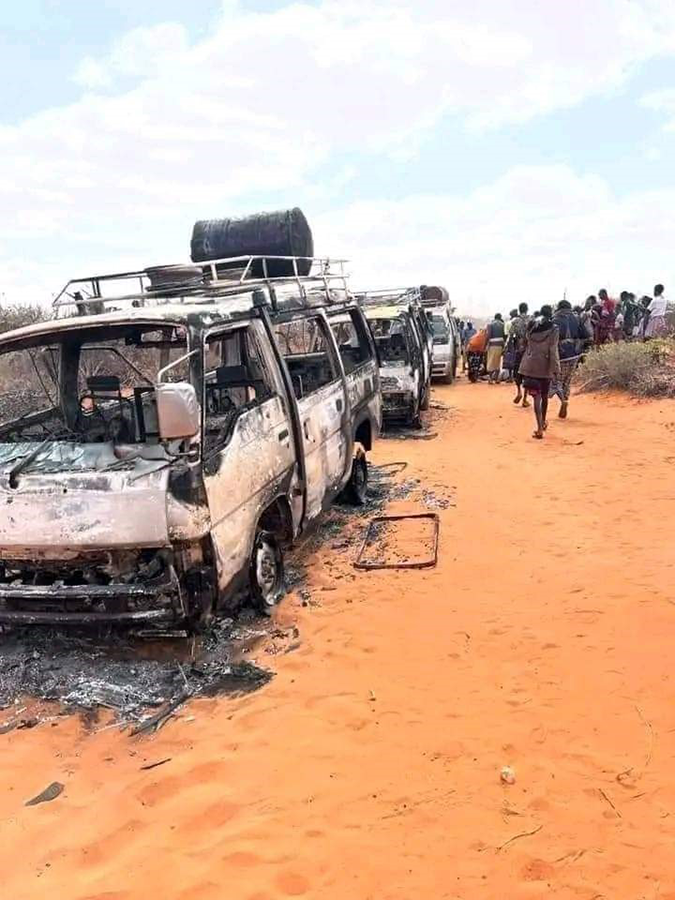 Cellphone photo taken on Sept. 3 shows the scene of an attack by al-Shabab militants on the outskirts of Beledweyne, Somalia that killed at least 17 people. Al-Shabab is among the nonstate actors that the 1540 Committee works to keep from acquiring weapons of mass destruction. (Photo by Hashi/Xinhua via Getty Images)