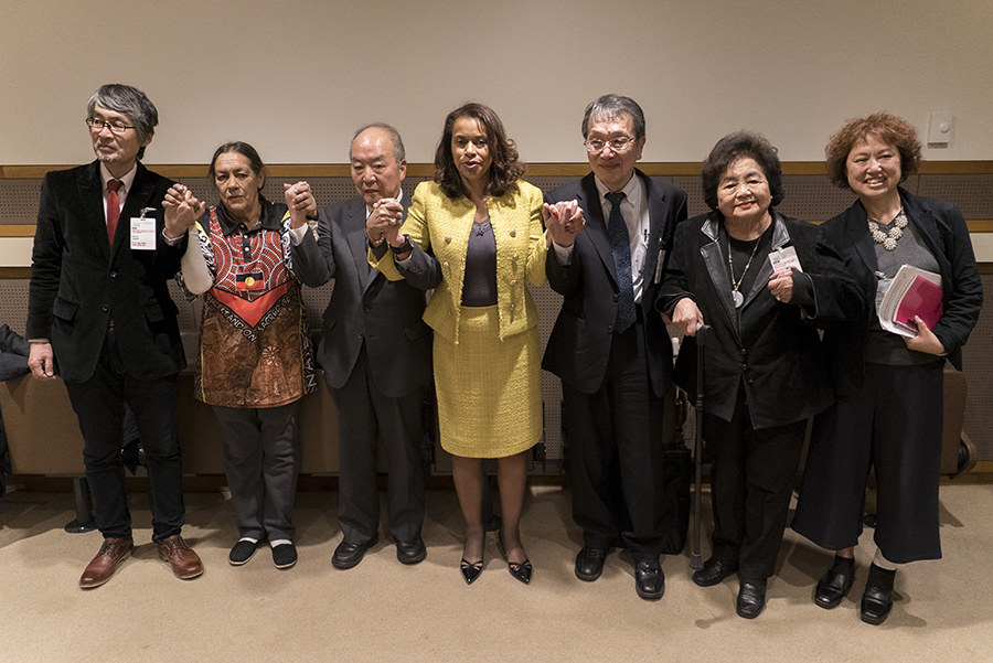 Elayne Whyte of Costa Rica, who in 2017 presided over UN negotiations on the Treaty on the Prohibition of Nuclear Weapons, meets survivors of nuclear weapons use and testing. (Photo by Ari Beser/ICAN)
