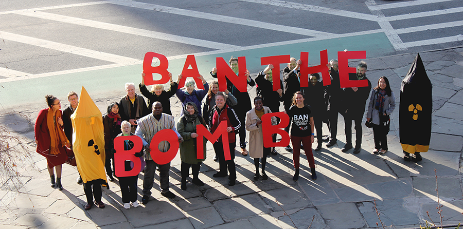 Activists with ICAN, the International Campaign Against Nuclear Weapons, demonstrate in support of a treaty banning nuclear weapons in New York in 2017. (Photo by Clare Conboy/ICAN)