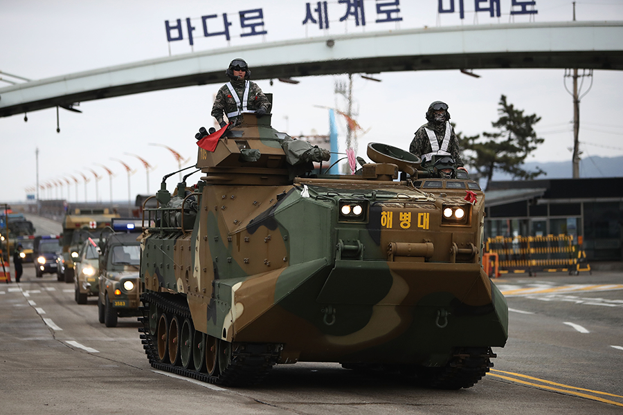 South Korean marines participated in a military exercise with their U.S. counterparts in Pohang, South Korea in 2018. Such exercises are a crucial feature of the alliance between the two countries and their commitment to security on the Korean peninsula. (Photo by Chung Sung-Jun/Getty Images)