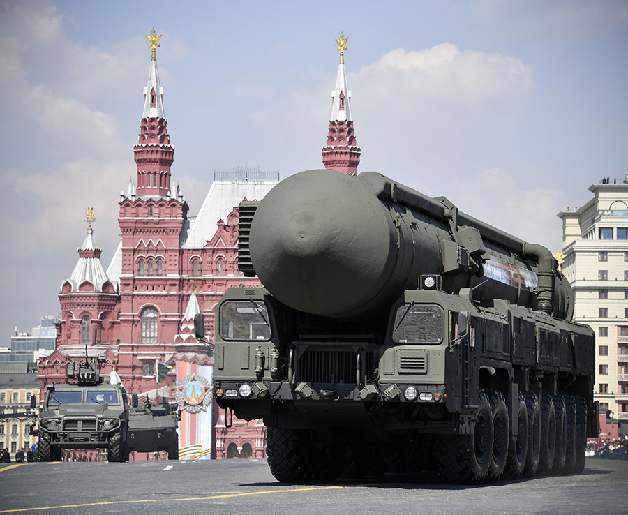 Russian Topol-M intercontinental ballistic missiles drive through Red Square in Moscow in preparation for a military parade in May 2019. (Photo by Alexander Nemenov/AFP via Getty Images)