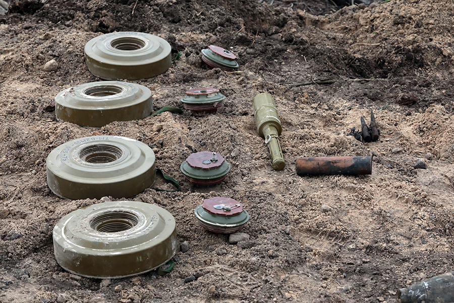 TM-62 anti-vehicle mines found last year during a mine clearance mission near Bervytsia, a village liberated from Russian forces, in the Kyiv Region of Ukraine. (Photo by Evgen Kotenko/ Ukrinform/Future Publishing via Getty Images)