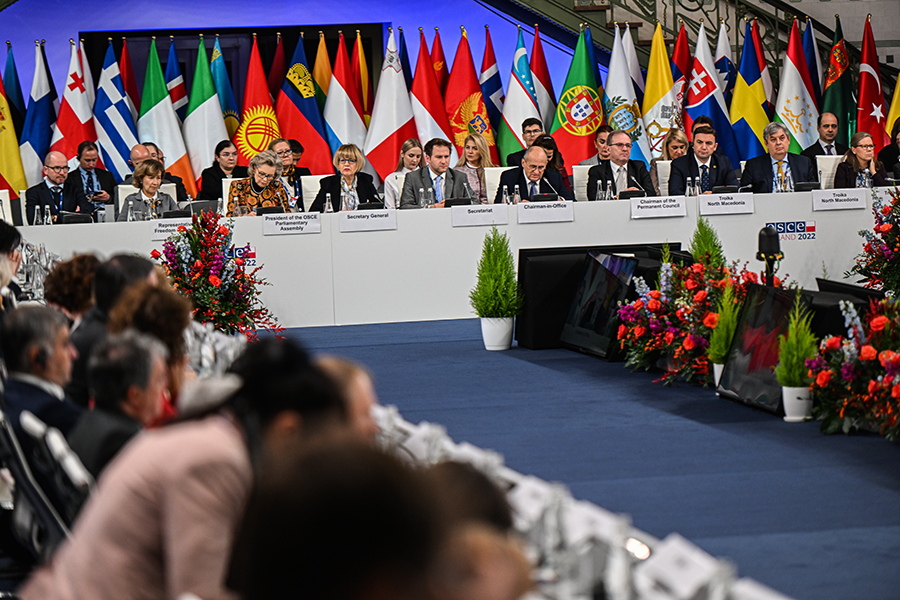 Foreign ministers representing the 57 participating states of the Organization for Security and Cooperation in Europe discussed regional security challenges created by Russia’s war against Ukraine during its annual meeting in Lodz, Poland, in December. (Photo by Omar Marques/Anadolu Agency via Getty Images)