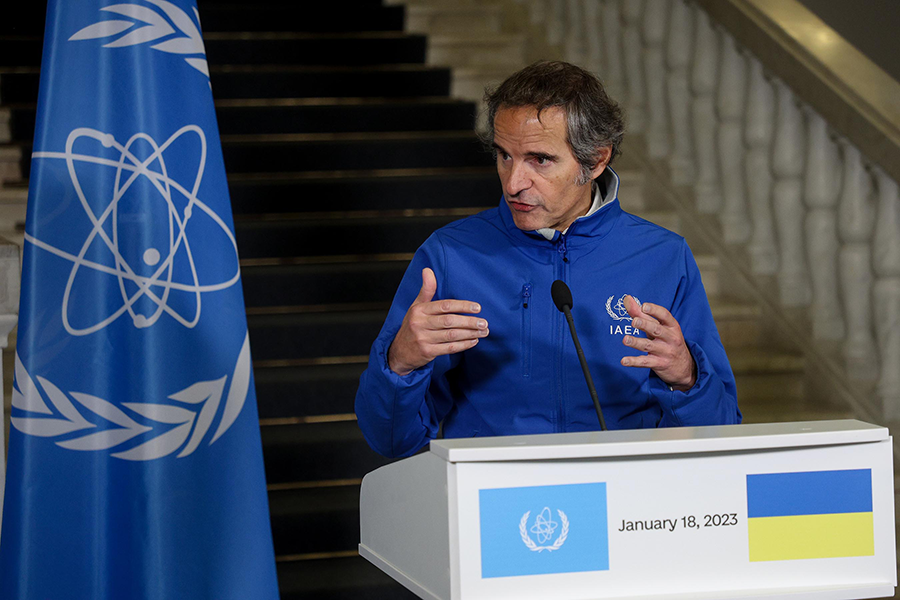 Rafael Mariano Grossi, director-general of the International Atomic Energy Agency (IAEA), briefs journalists in Kyiv in January after his agency finalized the stationing of permanent IAEA missions at three Ukrainian nuclear power plants: Rivne, Chernobyl, and South Ukraine. (Photo by Sergii Kharchenko/NurPhoto via Getty Images)