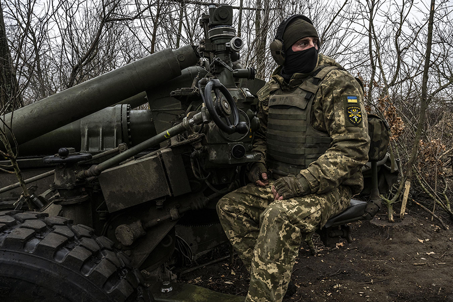 Ukrainian forces are seen in March at their artillery position in Zaporizhzhia during the war between Russia and Ukraine. In 2022, Ukraine was the third-largest importer of weapons systems tracked by the Stockholm International Peace Research Institute. (Photo by Muhammed Enes Yildirim/Anadolu Agency via Getty Images) 