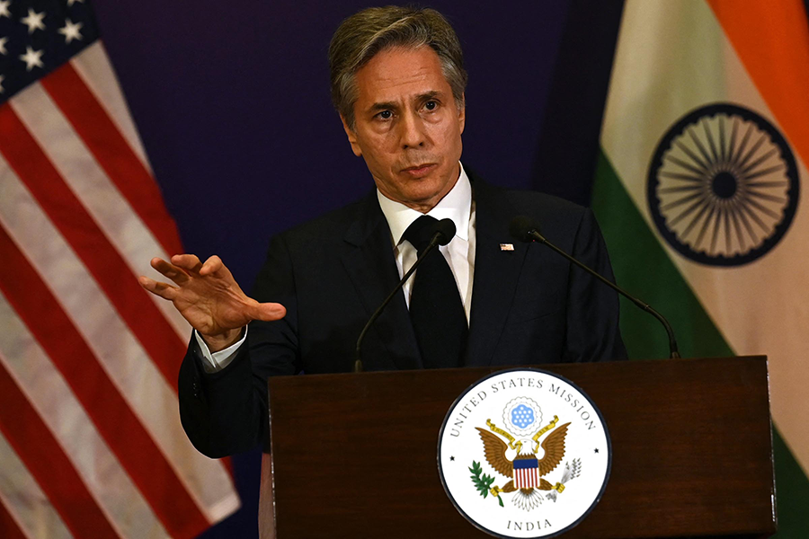 U.S. Secretary of State Antony Blinken addresses a press conference on the sidelines of the Group of 20 foreign ministers' meeting in New Delhi on March 2.  (Photo by Arun Sankar/AFP via Getty Images)