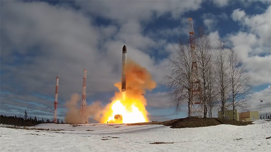 A Sarmat intercontinental ballistic missile is launched during a test at the Plesetsk Cosmodrome on April 20, 2022. (Ministry of Defence of the Russian Federation)