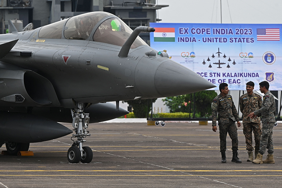 India, one of the world's five largest arms importers, is among the countries that have not joined the Arms Trade Treaty. This Rafale fighter jet, which participated in a U.S.-India military exercise in West Bengal in April, is among the weapons acquired from France. (Photo by Dibyangshu Sarkar/AFP via Getty Images)