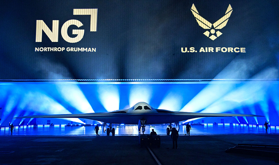 U.S. President Joe Biden’s 2024 budget includes a $5.3 billion request for the B-21 Raider bomber, shown here at the unveiling ceremony in December. The high-tech stealth bomber can carry nuclear and conventional weapons and is designed to be able to fly without a crew on board. (Photo by Frederic J. Brown/AFP via Getty Images)