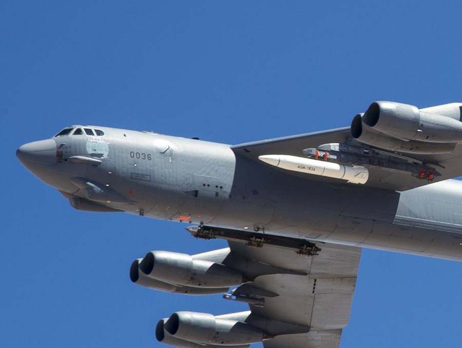 A lackluster testing record doomed the U.S. Air Force's hypersonic boost-glide system known as ARRW (Air-Launched Rapid Response Weapon), shown on its first captive carry flight on a B-52 bomber over Edwards Air Force Base, Calif. in 2019.  (U.S. Air Force photo by Christopher Okula)