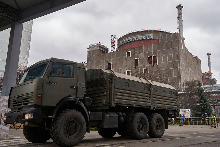 A Russian military truck is seen on the grounds of the Russian-controlled Zaporizhzhia Nuclear Power Plant in southern Ukraine on March 29. (Photo by Andrey Borodulin/AFP via Getty Images)