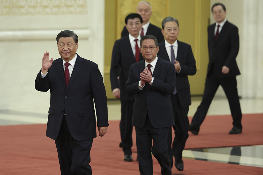 Members of the Politburo Standing Committee, including Xi Jinping (left), and the Central Military Commission must agree to put China’s nuclear weapons on alert or launch them. The members of China’s new Politburo Standing Committee were unveiled during the 20th Party Congress of the Communist Party of China in October 2022. (Photo by Lintao Zhang/Getty Images)