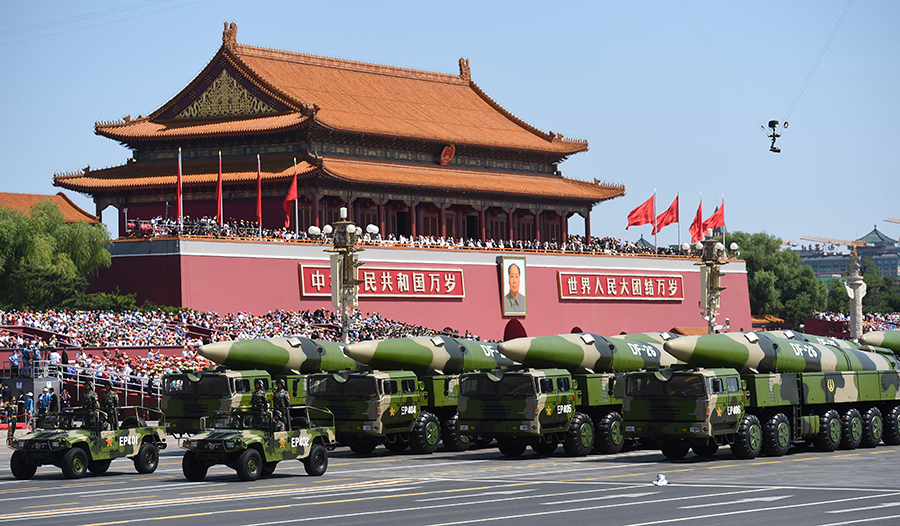 China’s dual-use DF-26 missile, which provides it with a more sophisticated capability for limited nuclear retaliation, was first revealed in a military parade in Beijing in 2015. (Photo by Xinhua/Lin Yiguang via Getty Images)