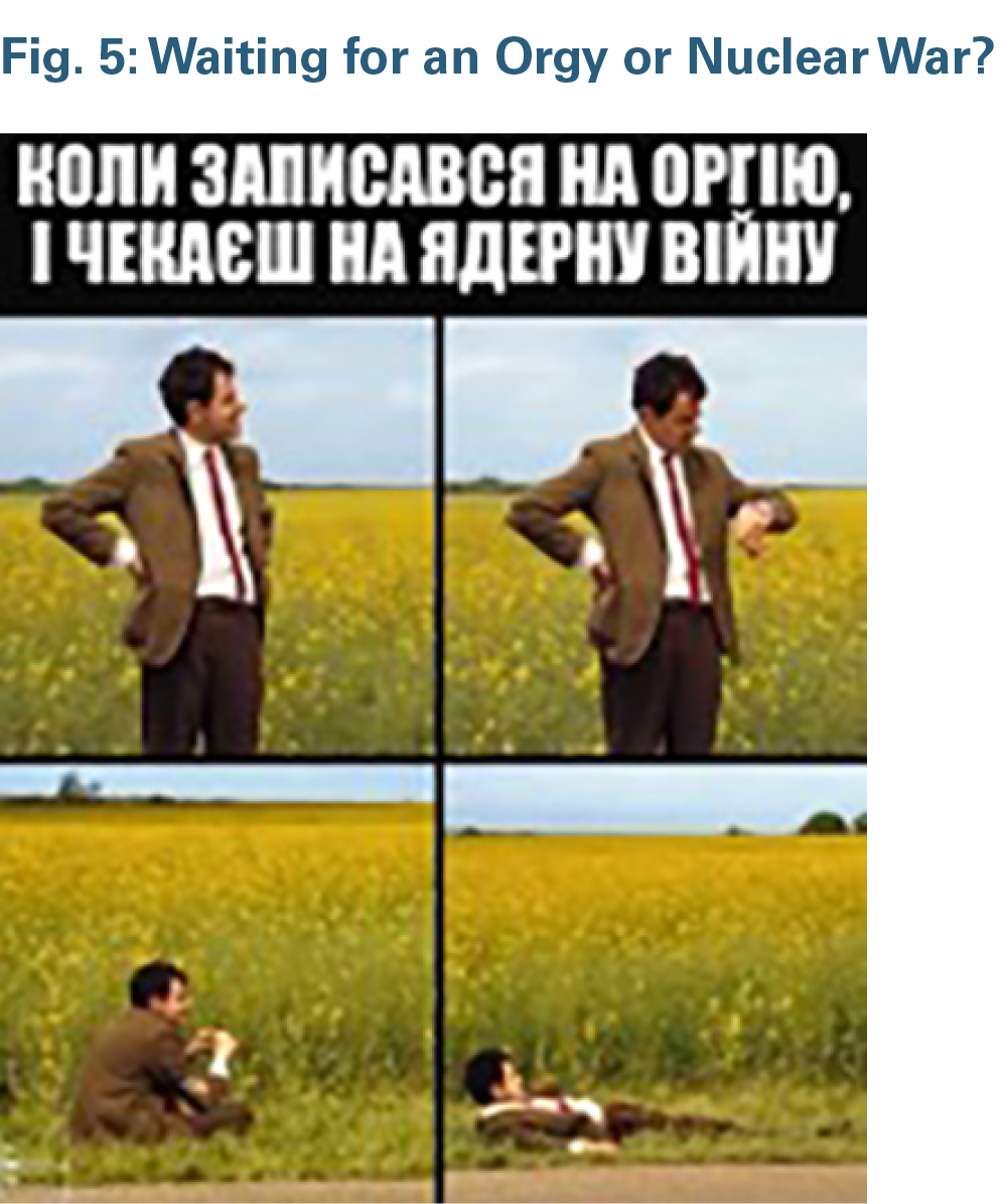 Translation: “When you signed up for the orgy and now are waiting for a nuclear war” Source: Mariia Suprun, “‘Orgy on Shchekavytsia’: The Network Was Flooded With Memes About Gatherings of Ukrainians on the Mountain in the Event of a Nuclear Explosion," Big Kyiv, September 28, 2022, https://bigkyiv.com.ua/orgiya-na-shhekavyczi-merezhu-zapolonyly-memy-pro-zbory-ukrayincziv-na-gori-v-razi-yadernogo-vybuhu/