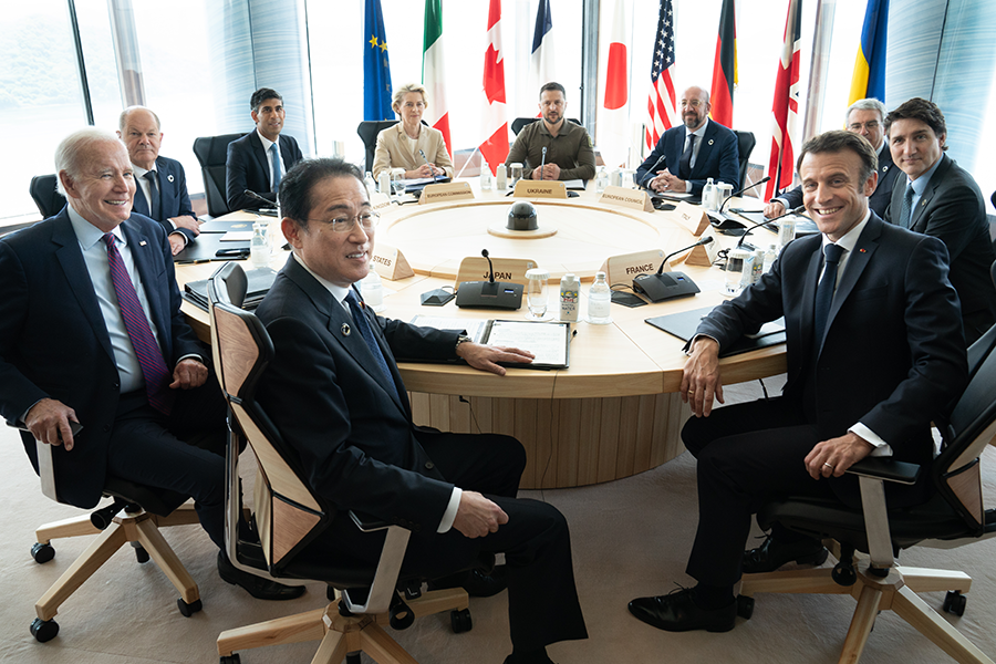 Ukrainian President Volodymyr Zelenskyy (C, Rear) joins Group of Seven (G-7) world leaders on the final day of the G-7 Summit on May 21 in Hiroshima, Japan. (Photo by Stefan Rousseau-WPA Pool/Getty Images)