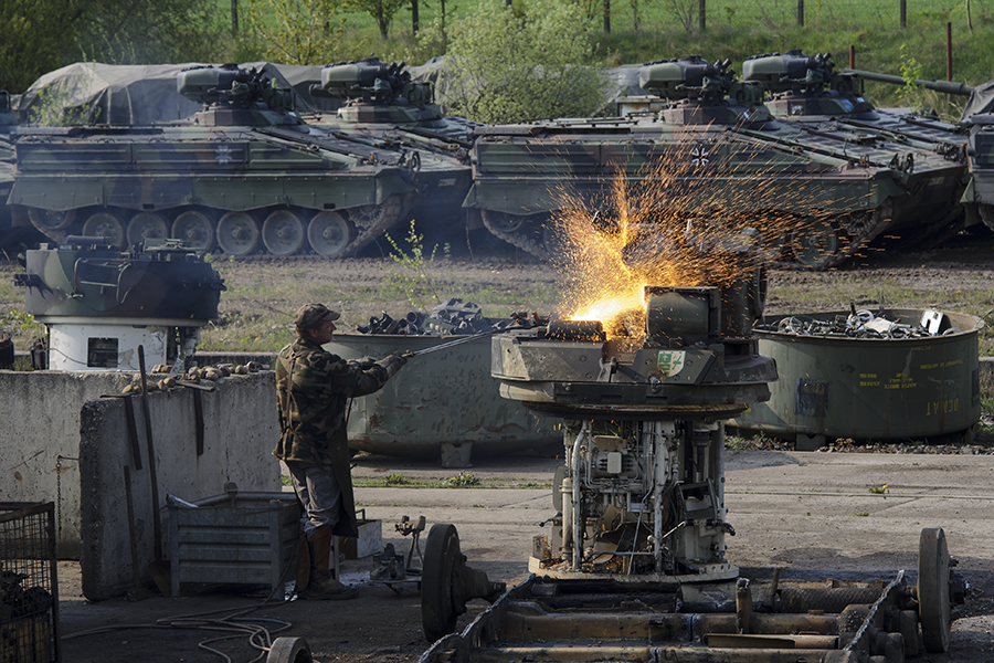 More than 72,000 pieces of military equipment, such as this German Marder tank, were destroyed under the Conventional Armed Forces in Europe Treaty from which Russia formally has withdrawn. (Photo by Jens Schlueter/Getty Images)