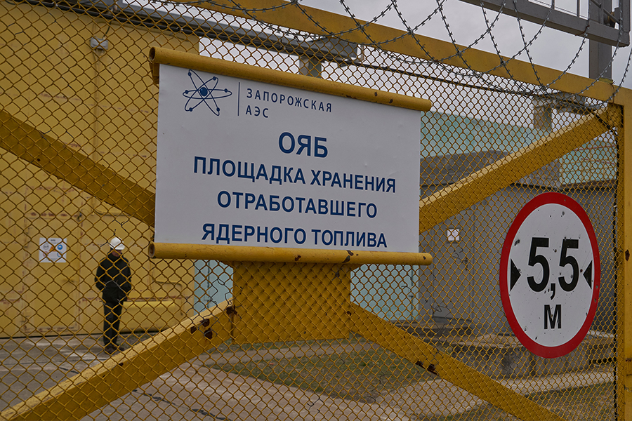 A view of a spent nuclear fuel storage area at the Russian-controlled Zaporizhzhia Nuclear Power Plant in southern Ukraine. Russia evacuated areas surrounding the complex in May in anticipation of intensified fighting in the vicinity.   (Photo by Andrey Borodulin/AFP via Getty Images)