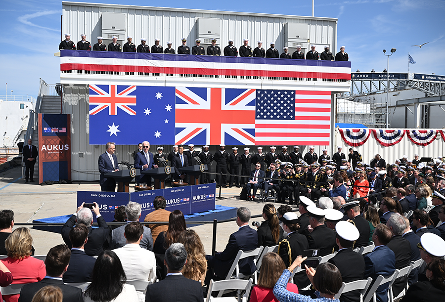 Even after Australian Prime Minister Anthony Albanese (L), U.S. President Joe Biden and British Prime Minister Rishi Sunak met in San Diego in March to move their AUKUS defense agreement forward, many questions persisted about how their plans to supply Australia with nuclear-powered submarines would affect efforts to halt the spread of nuclear weapons. (Photo by Leon Neal/Getty Images)