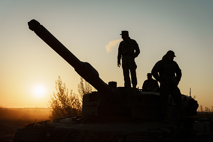 Russian President Vladimir Putin’s nuclear threats and war against Ukraine are influencing thinking on defense by South Korea, among other states. Here, Ukrainian troops train on Leopard 2 tanks at a test site in May.  (Photo by Serhii Mykhalchuk/Global Images Ukraine via Getty Images)