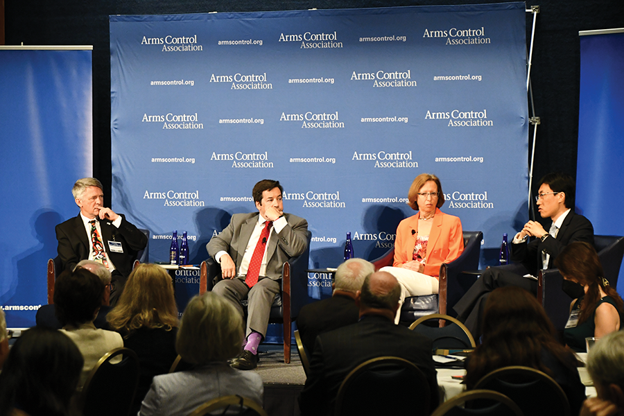 In one of four panels at the Arms Control Association’s annual meeting, Thomas Countryman, ACA board chair; Jon Wolfsthal of  the Center for a New American Security and Global Zero; Lynn Rusten, a vice president with the Nuclear Threat Initiative; and  Tong Zhao, a senior fellow in the Nuclear Policy Program at the Carnegie Endowment for International Peace, discussed ways to prevent a three-way nuclear arms race. (ACA photo by Allen Harris)